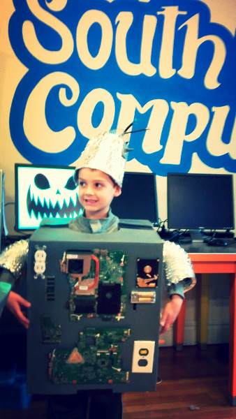 robot costume using recycled computer parts